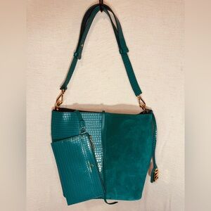 Stuart Weitzman Pine Green Embossed & Suede Bucket Bag Market Sample w/Dust Bag